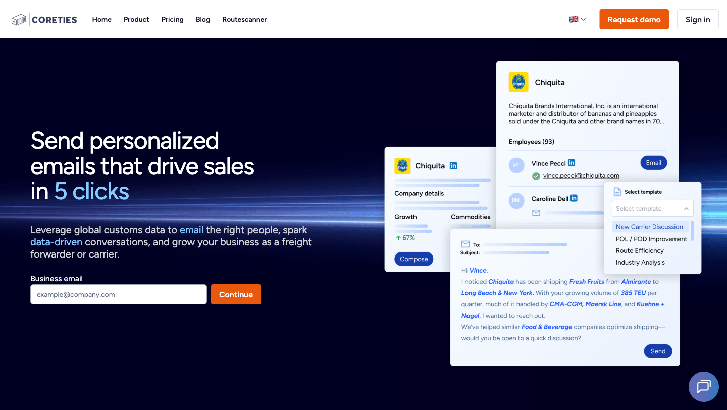 Coreties public product site, showing company research and outreach composition for freight forwarders