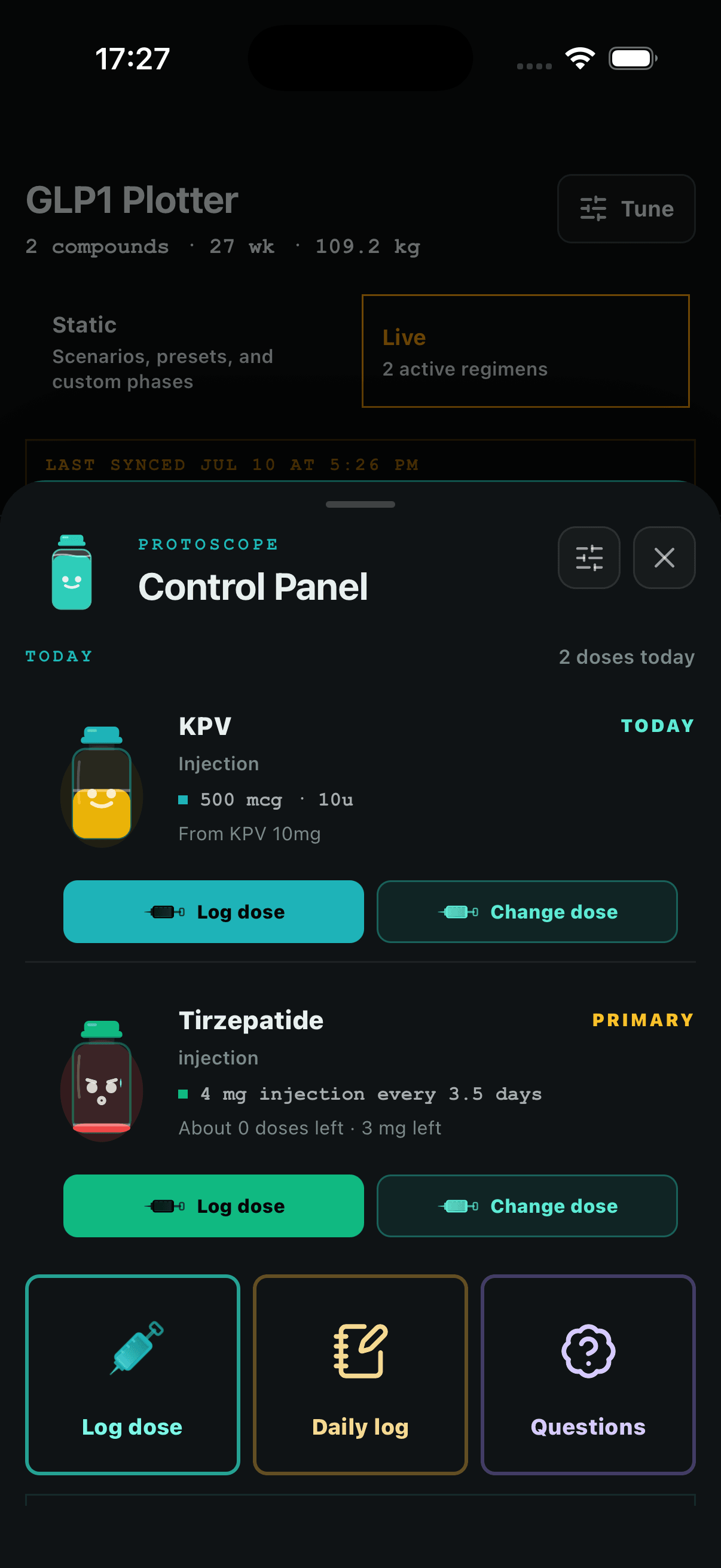 Protoscope iOS control panel, captured from the running app, showing the dose that is due next with controls to log or reschedule it